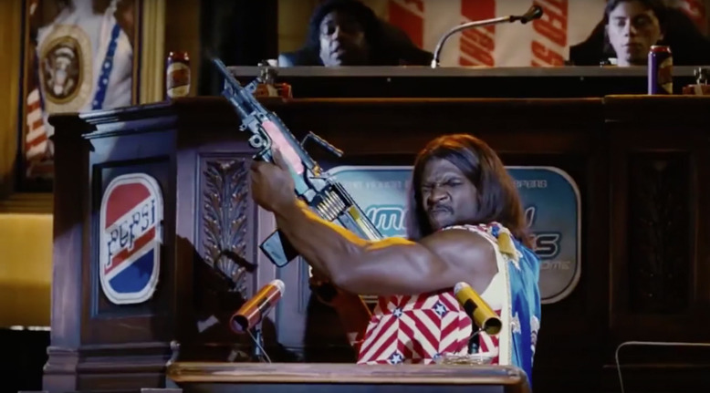 President Camacho firing a rifle inside Congress